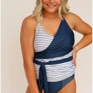 NWT Nani Women's Small Tankini Top Swim Swimsuit Pinstripe Wrap Tie Blue White